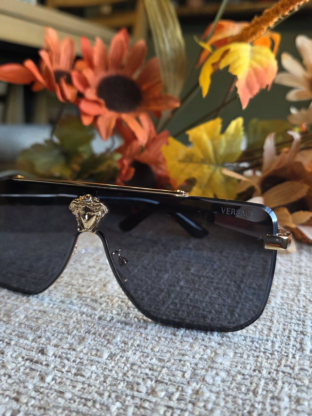 Black Sunglass Shield with Gold Medusa Detail
